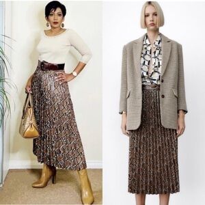 ZARA FAUX LEATHER SNAKESKIN PLEATED BROWN TAN MIDI SKIRT